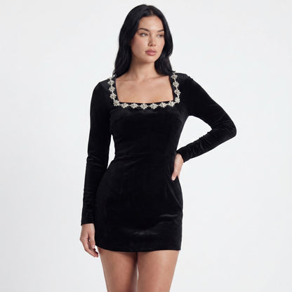 Nova Women's Velvet Mini Dress Rhinestone Trim, Square Neck