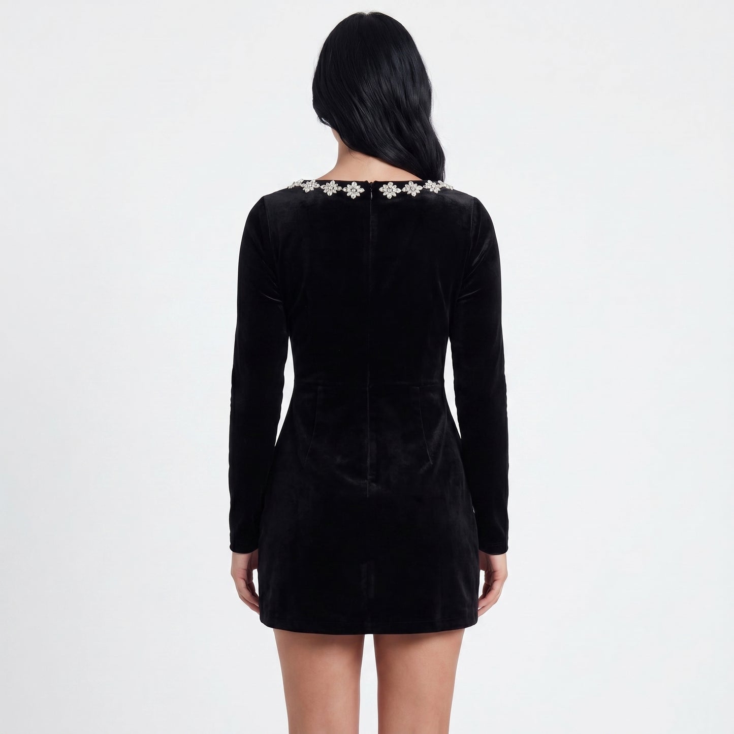 Nova Women's Velvet Mini Dress Rhinestone Trim, Square Neck