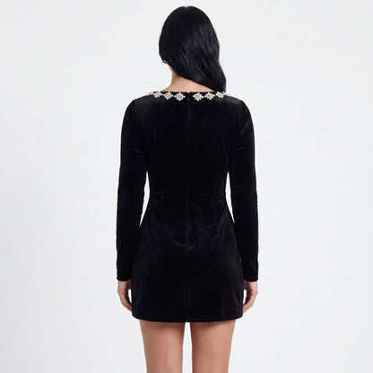 Nova Women's Velvet Mini Dress Rhinestone Trim, Square Neck