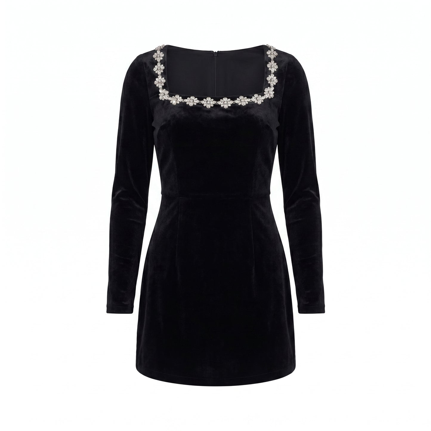 Nova Women's Velvet Mini Dress Rhinestone Trim, Square Neck