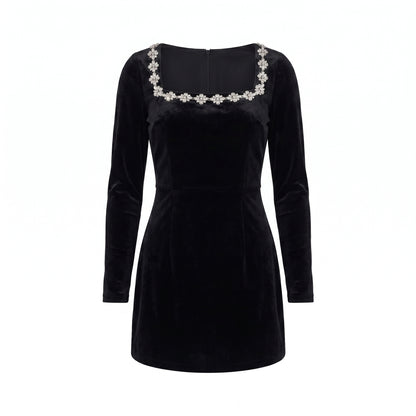 Nova Women's Velvet Mini Dress Rhinestone Trim, Square Neck
