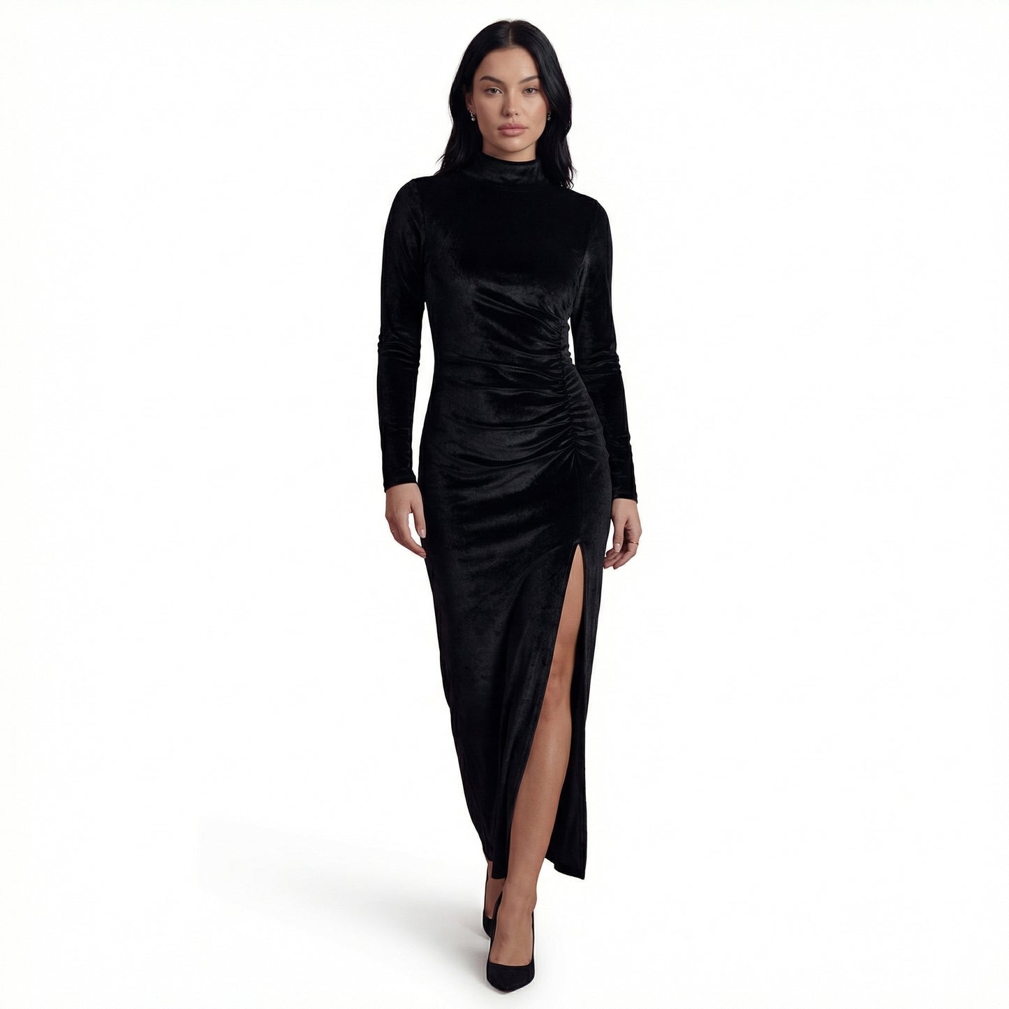 Nyra Women's Velvet Long Sleeve Ruched Maxi Dress, High Neck Side Slit