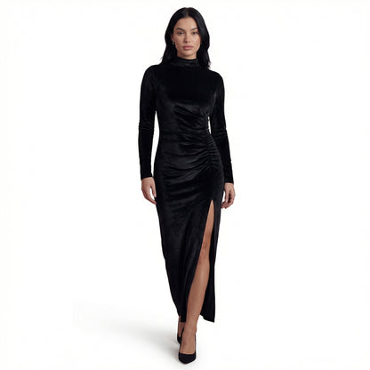 Nyra Women's Velvet Long Sleeve Ruched Maxi Dress, High Neck Side Slit