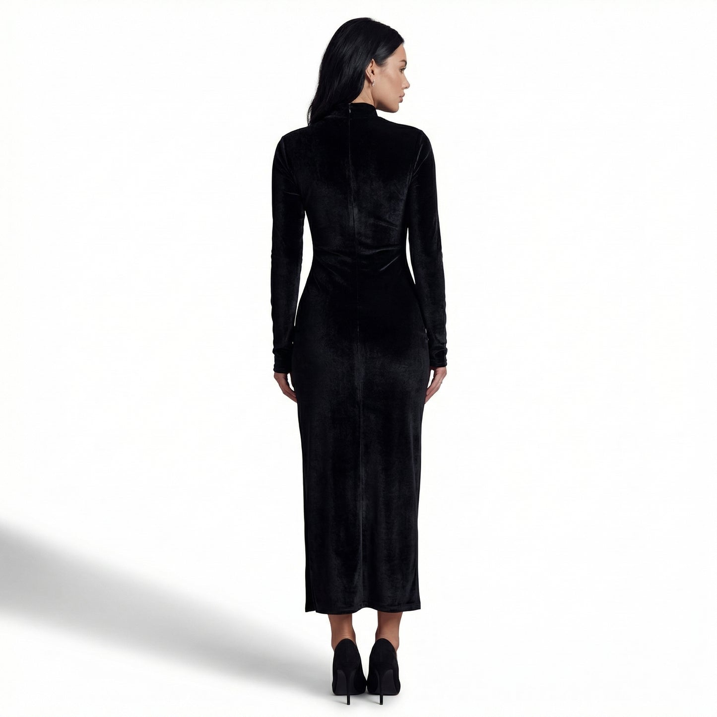 Nyra Women's Velvet Long Sleeve Ruched Maxi Dress, High Neck Side Slit