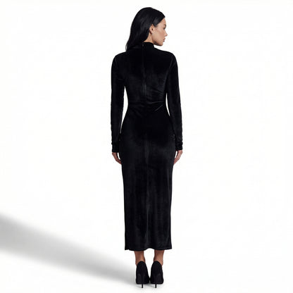 Nyra Women's Velvet Long Sleeve Ruched Maxi Dress, High Neck Side Slit