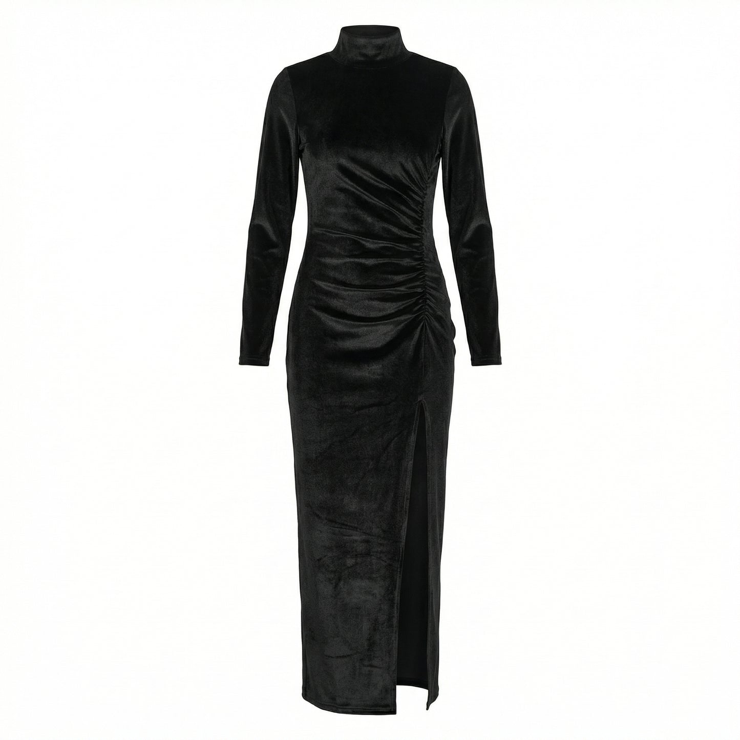 Nyra Women's Velvet Long Sleeve Ruched Maxi Dress, High Neck Side Slit
