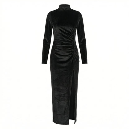 Nyra Women's Velvet Long Sleeve Ruched Maxi Dress, High Neck Side Slit