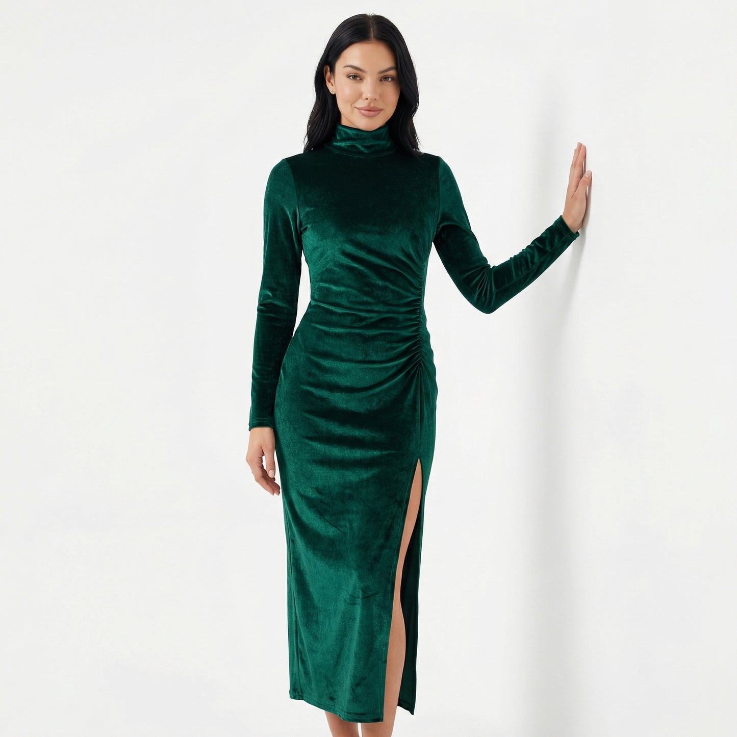 Nyra Women's Velvet Long Sleeve Ruched Maxi Dress, High Neck Side Slit