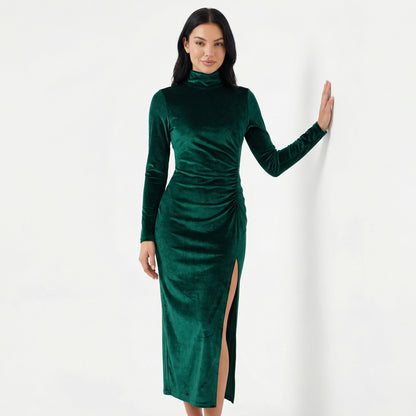 Nyra Women's Velvet Long Sleeve Ruched Maxi Dress, High Neck Side Slit
