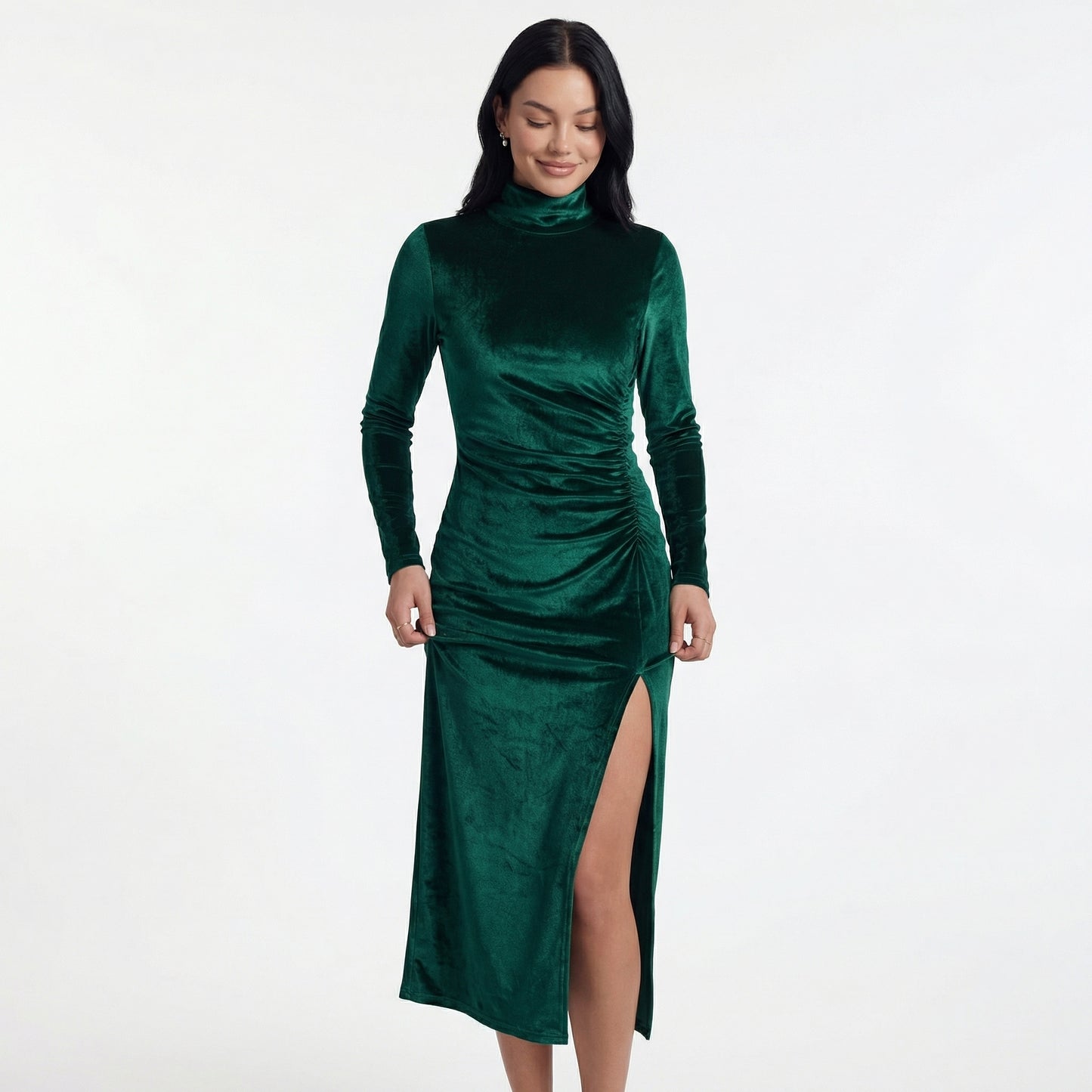 Nyra Women's Velvet Long Sleeve Ruched Maxi Dress, High Neck Side Slit