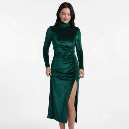 Nyra Women's Velvet Long Sleeve Ruched Maxi Dress, High Neck Side Slit