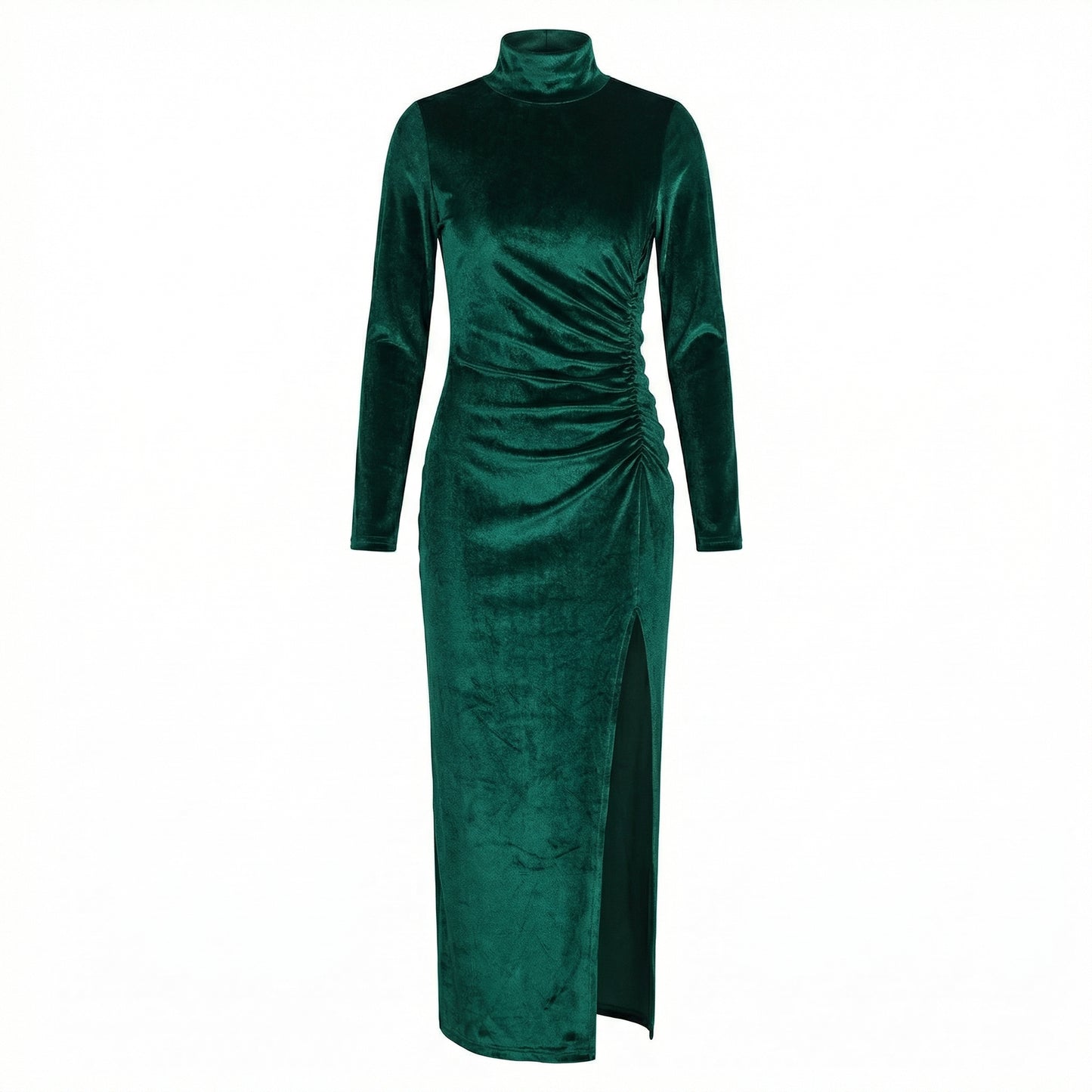 Nyra Women's Velvet Long Sleeve Ruched Maxi Dress, High Neck Side Slit