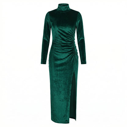 Nyra Women's Velvet Long Sleeve Ruched Maxi Dress, High Neck Side Slit
