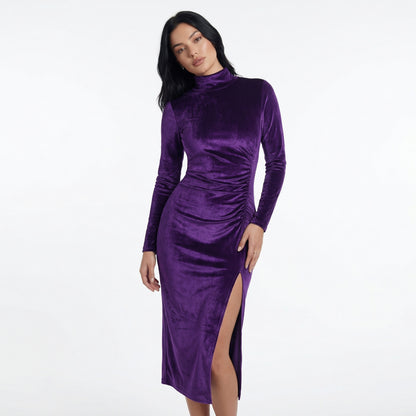Nyra Women's Velvet Long Sleeve Ruched Maxi Dress, High Neck Side Slit