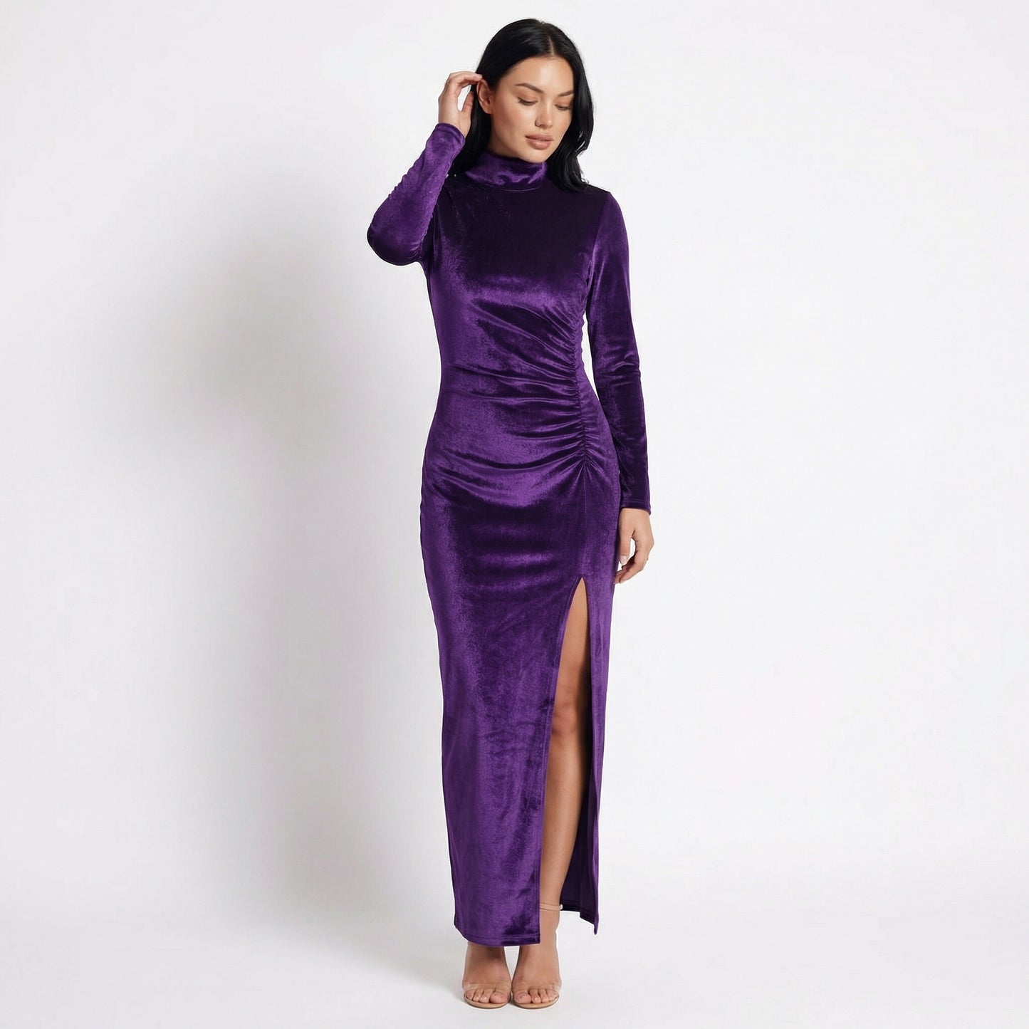 Nyra Women's Velvet Long Sleeve Ruched Maxi Dress, High Neck Side Slit