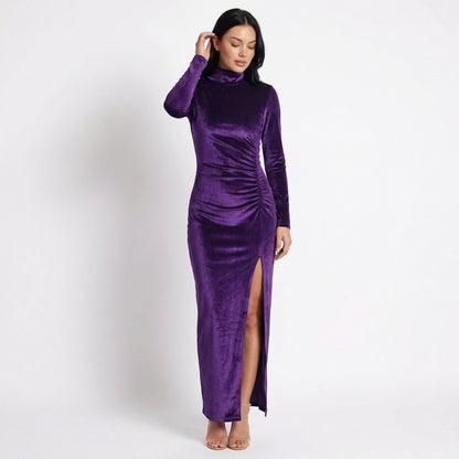 Nyra Women's Velvet Long Sleeve Ruched Maxi Dress, High Neck Side Slit