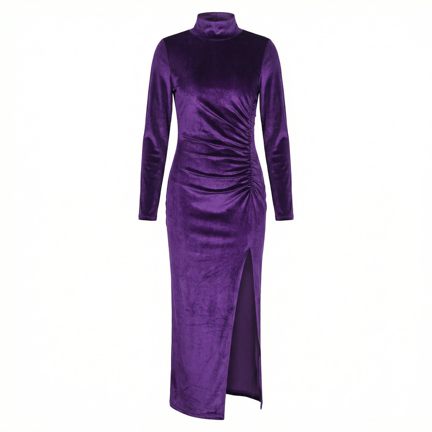 Nyra Women's Velvet Long Sleeve Ruched Maxi Dress, High Neck Side Slit