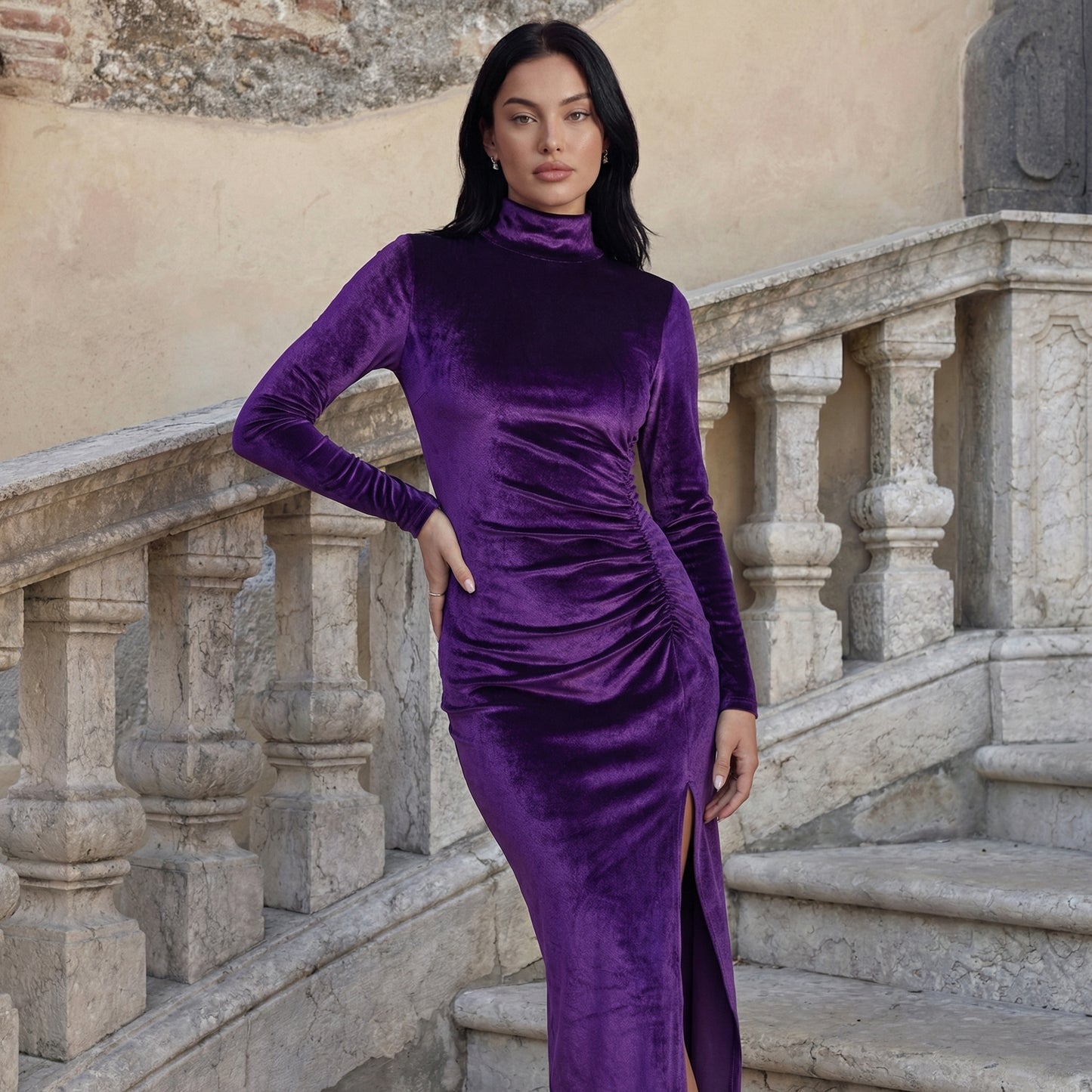 Nyra Women's Velvet Long Sleeve Ruched Maxi Dress, High Neck Side Slit