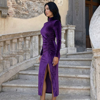 Nyra Women's Velvet Long Sleeve Ruched Maxi Dress, High Neck Side Slit
