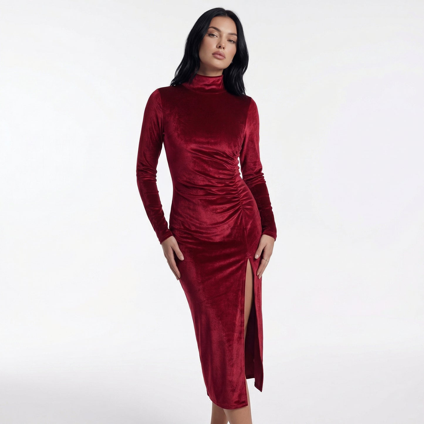 Nyra Women's Velvet Long Sleeve Ruched Maxi Dress, High Neck Side Slit