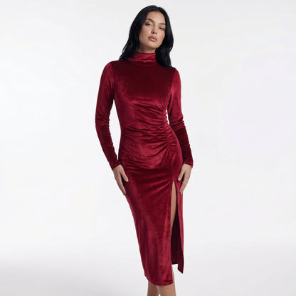 Nyra Women's Velvet Long Sleeve Ruched Maxi Dress, High Neck Side Slit