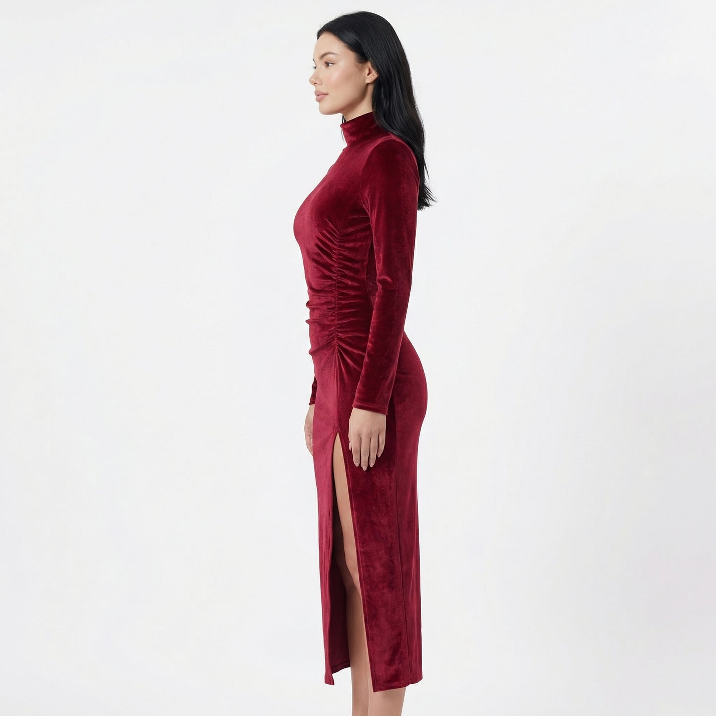 Nyra Women's Velvet Long Sleeve Ruched Maxi Dress, High Neck Side Slit