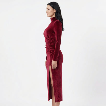 Nyra Women's Velvet Long Sleeve Ruched Maxi Dress, High Neck Side Slit