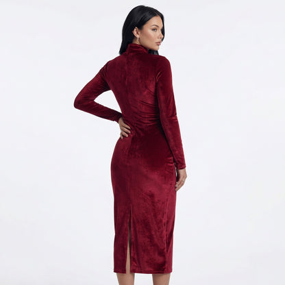 Nyra Women's Velvet Long Sleeve Ruched Maxi Dress, High Neck Side Slit