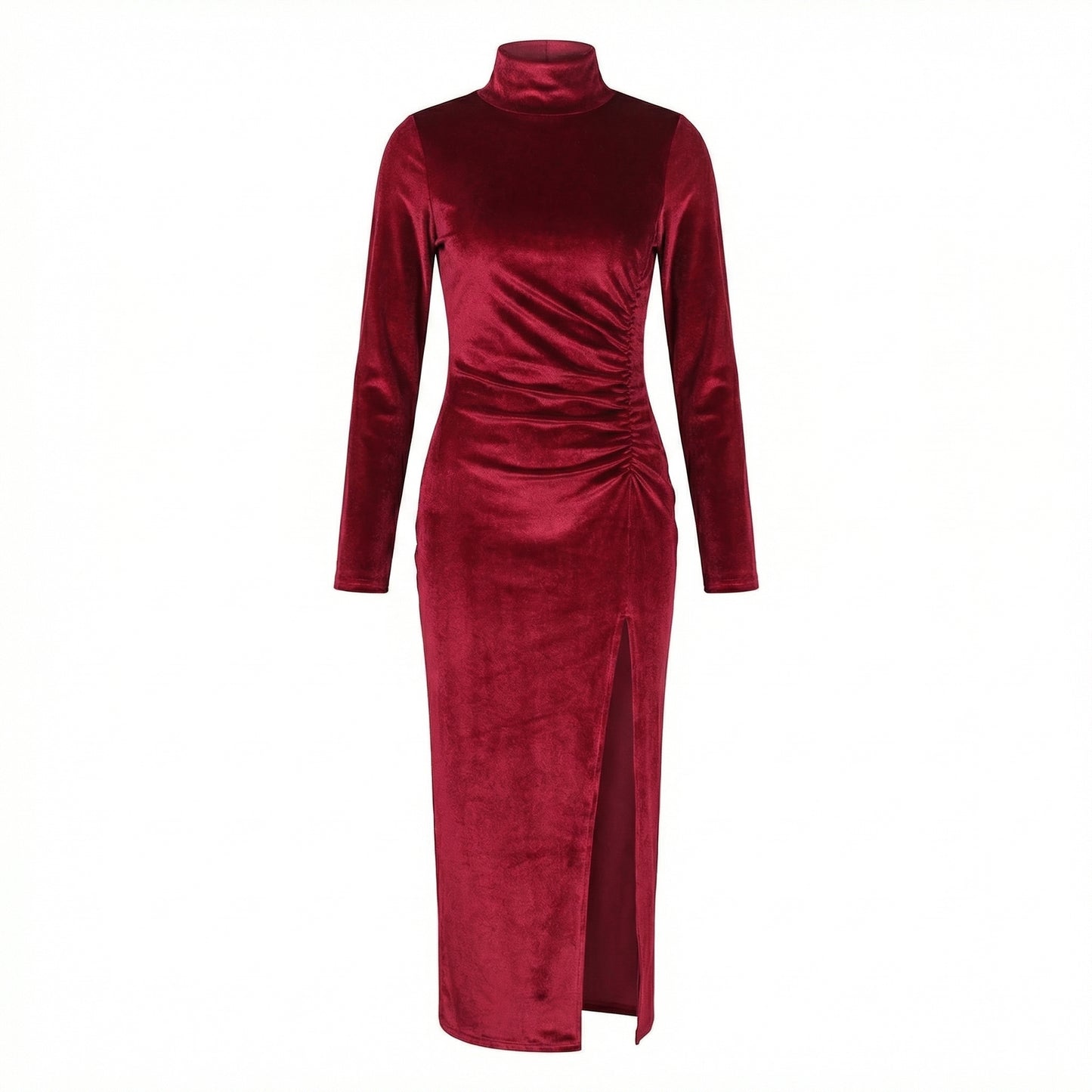 Nyra Women's Velvet Long Sleeve Ruched Maxi Dress, High Neck Side Slit