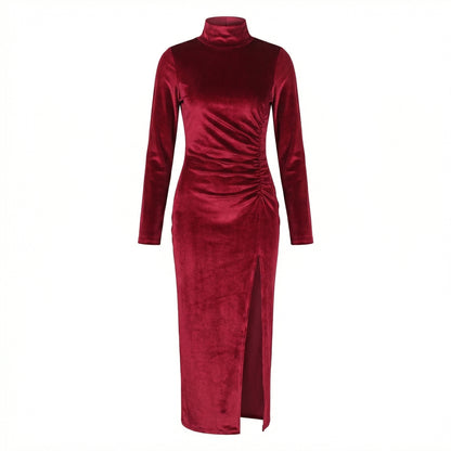 Nyra Women's Velvet Long Sleeve Ruched Maxi Dress, High Neck Side Slit