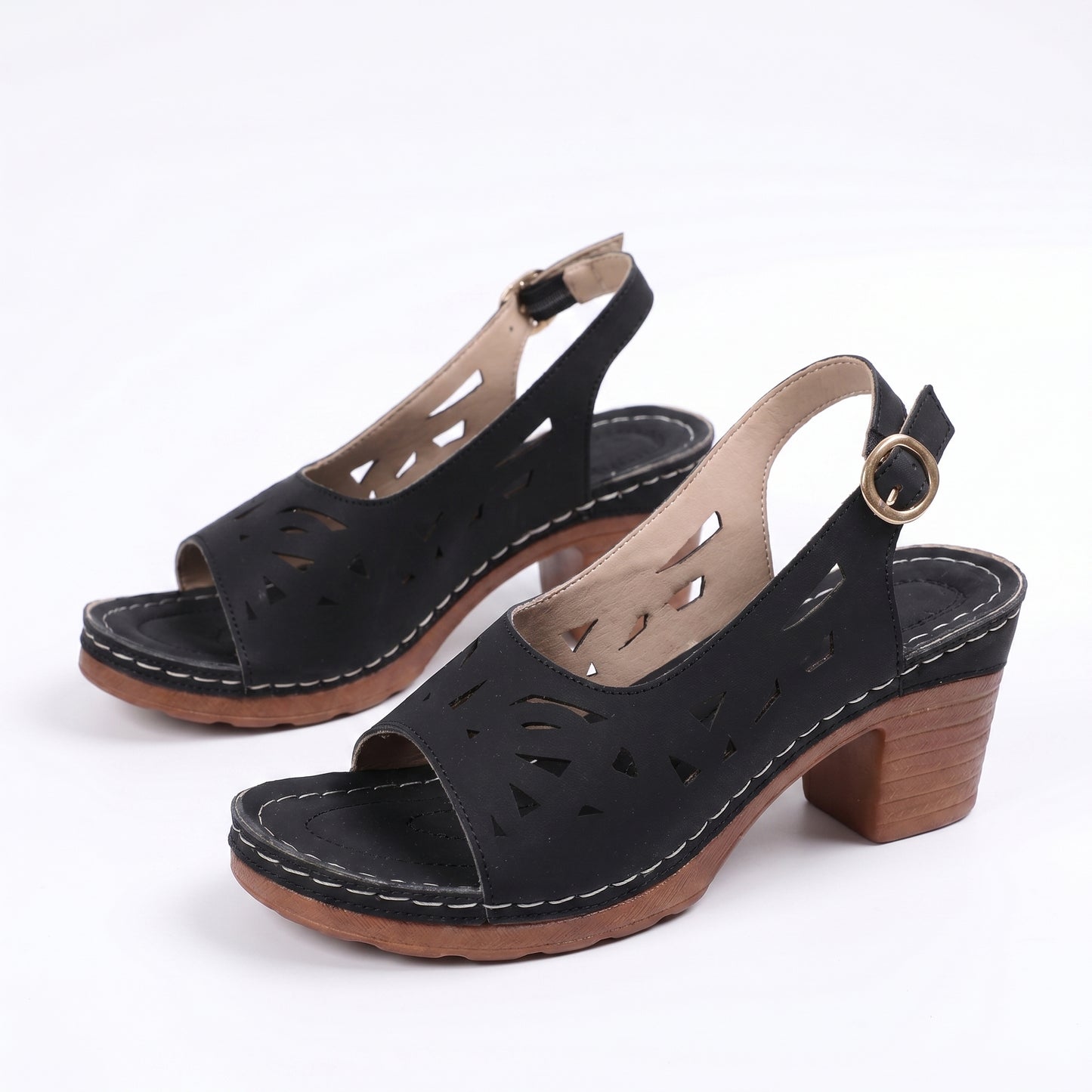Olive Women's Cutout Block Heel Sandals, Slingback Peep Toe Buckle