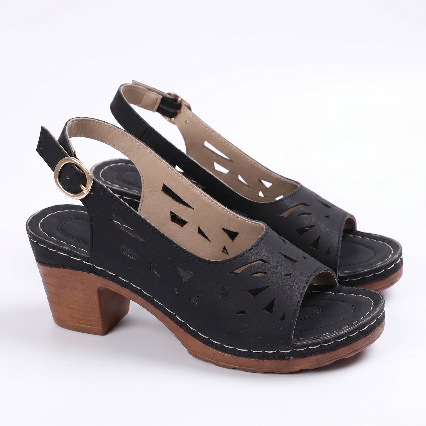Olive Women's Cutout Block Heel Sandals, Slingback Peep Toe Buckle