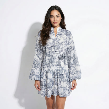 Ophelia Women's Printed Puff Sleeve Mini Dress, Stand Collar Tie Waist