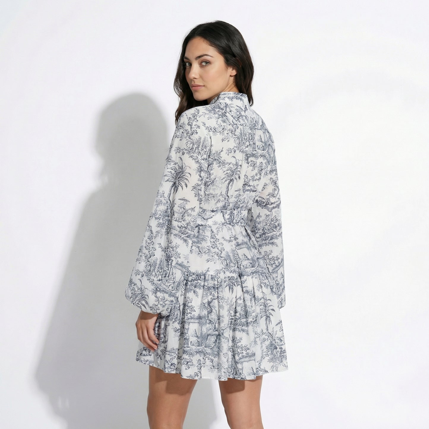 Ophelia Women's Printed Puff Sleeve Mini Dress, Stand Collar Tie Waist