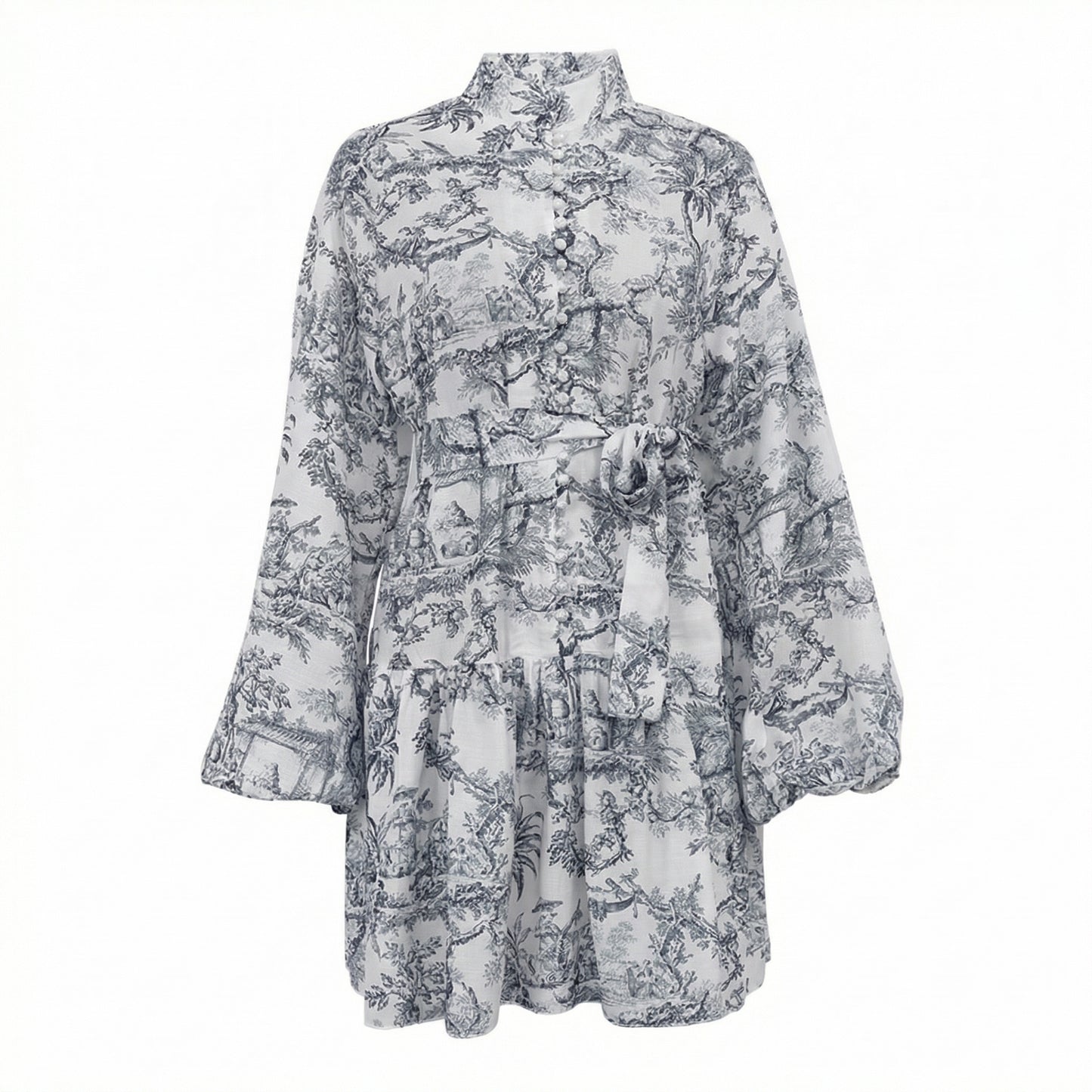 Ophelia Women's Printed Puff Sleeve Mini Dress, Stand Collar Tie Waist