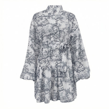 Ophelia Women's Printed Puff Sleeve Mini Dress, Stand Collar Tie Waist