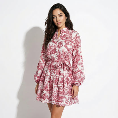 Ophelia Women's Printed Puff Sleeve Mini Dress, Stand Collar Tie Waist