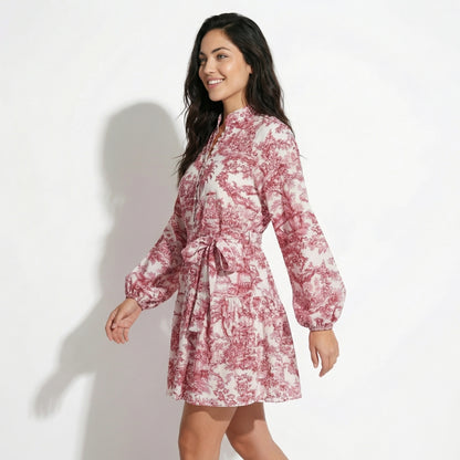 Ophelia Women's Printed Puff Sleeve Mini Dress, Stand Collar Tie Waist