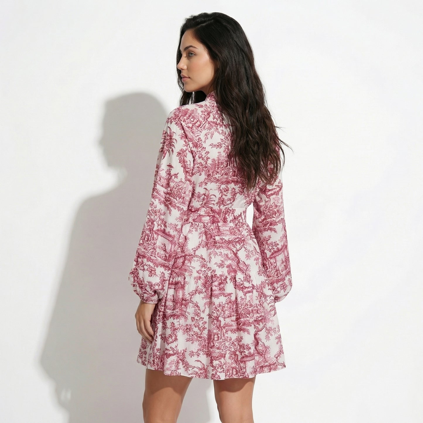 Ophelia Women's Printed Puff Sleeve Mini Dress, Stand Collar Tie Waist