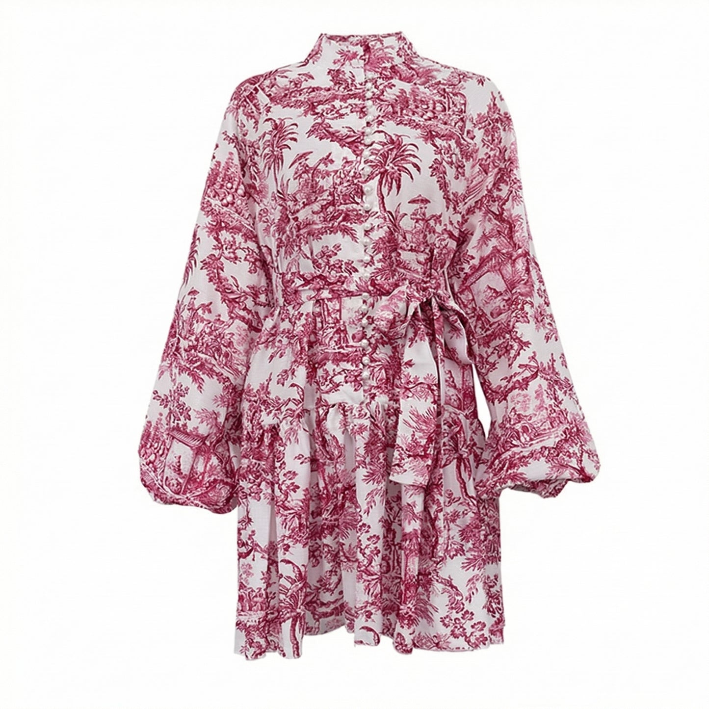 Ophelia Women's Printed Puff Sleeve Mini Dress, Stand Collar Tie Waist