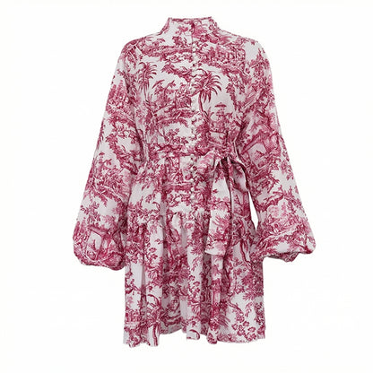 Ophelia Women's Printed Puff Sleeve Mini Dress, Stand Collar Tie Waist