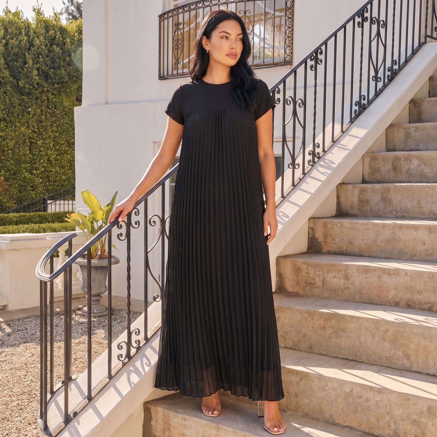 Petra Women's Pleated Oversized Maxi Dress, Sleeveless Round Neck
