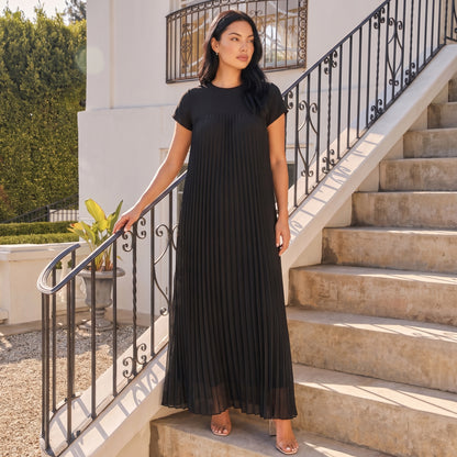 Petra Women's Pleated Oversized Maxi Dress, Sleeveless Round Neck