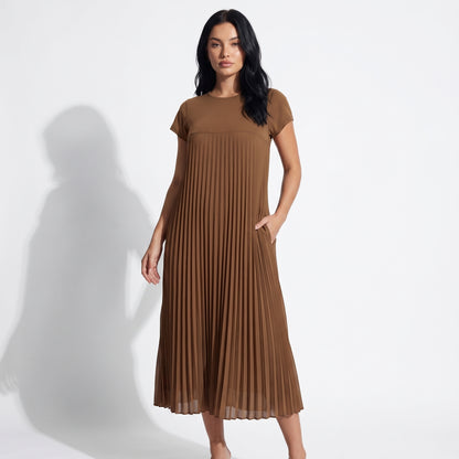 Petra Women's Pleated Oversized Maxi Dress, Sleeveless Round Neck