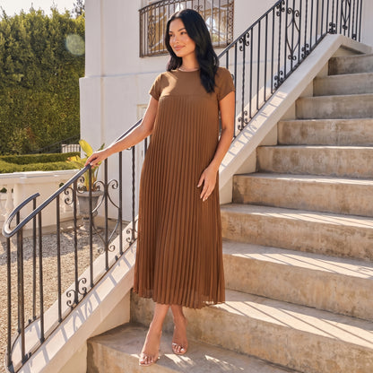 Petra Women's Pleated Oversized Maxi Dress, Sleeveless Round Neck