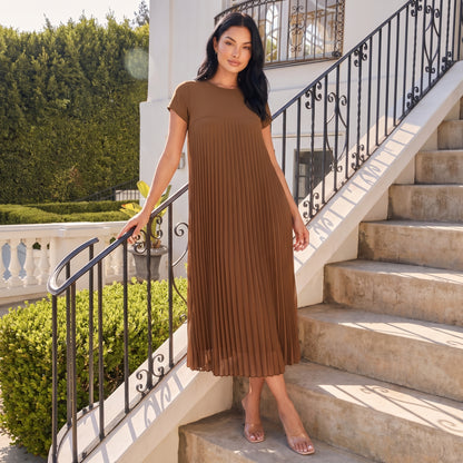 Petra Women's Pleated Oversized Maxi Dress, Sleeveless Round Neck