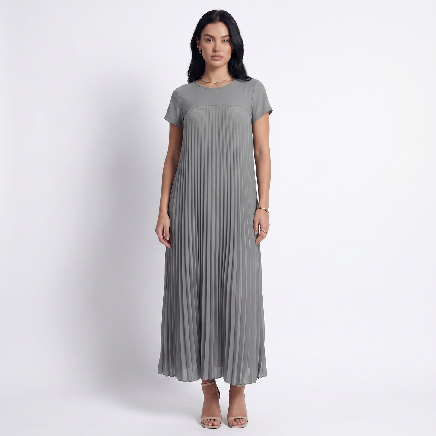 Petra Women's Pleated Oversized Maxi Dress, Sleeveless Round Neck