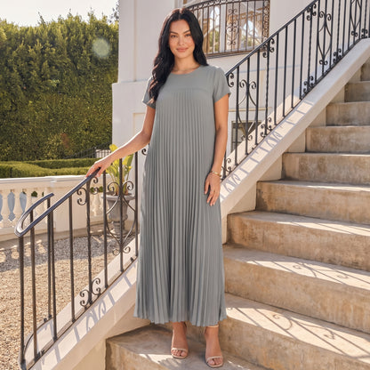 Petra Women's Pleated Oversized Maxi Dress, Sleeveless Round Neck