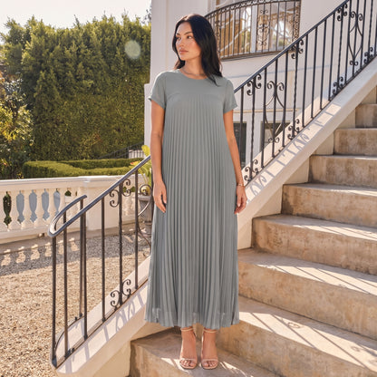 Petra Women's Pleated Oversized Maxi Dress, Sleeveless Round Neck