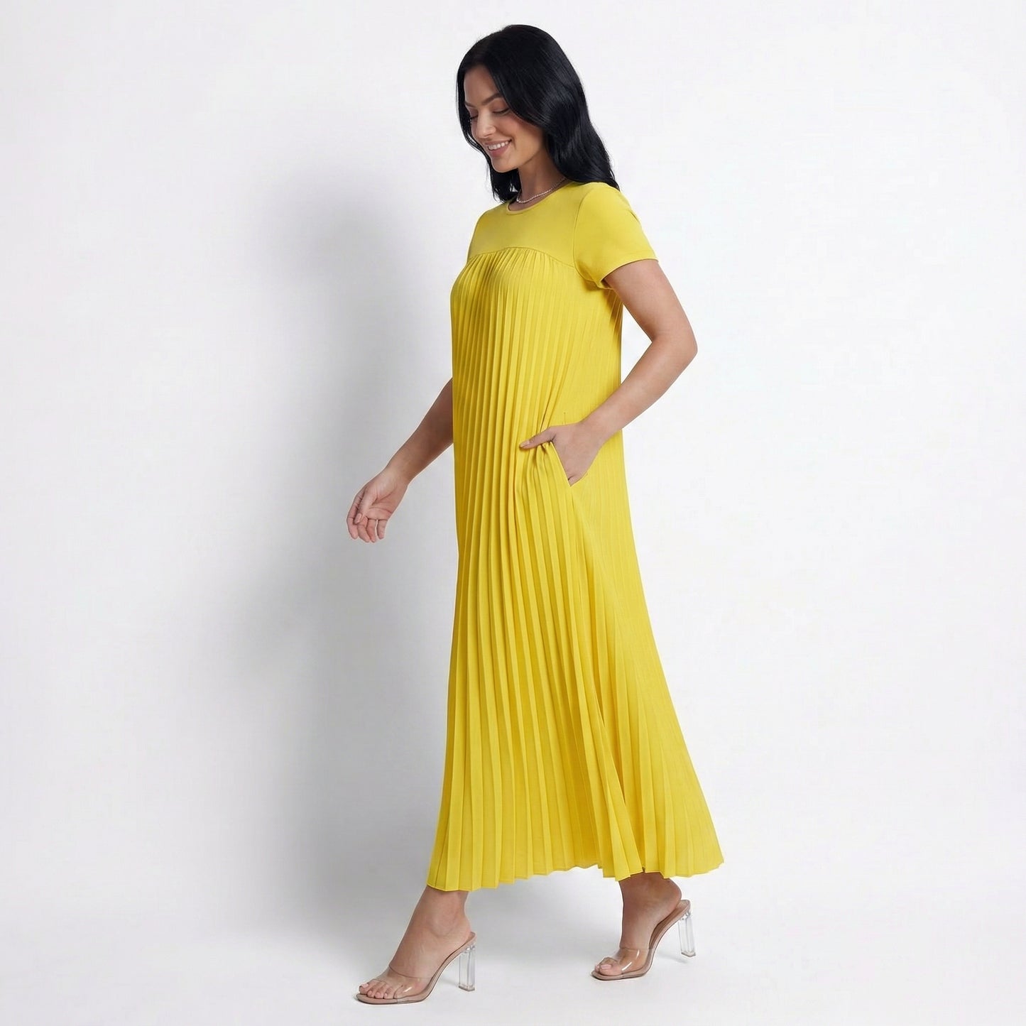 Petra Women's Pleated Oversized Maxi Dress, Sleeveless Round Neck